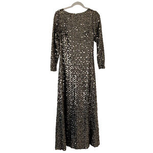 Vintage Jill Richards Dress Womens 12 Gold Black Sequins Formal Gown Long Sleeve